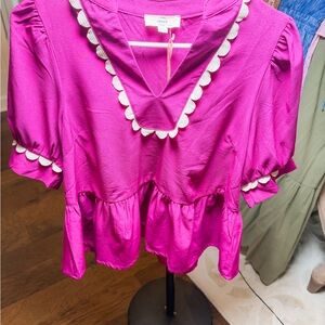 entro Fuchsia Peplum Blouse with Scallop Trim